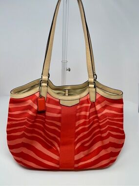 Coach Red & Orange Striped Tote Bag with Tan Trim LIKE NEW
